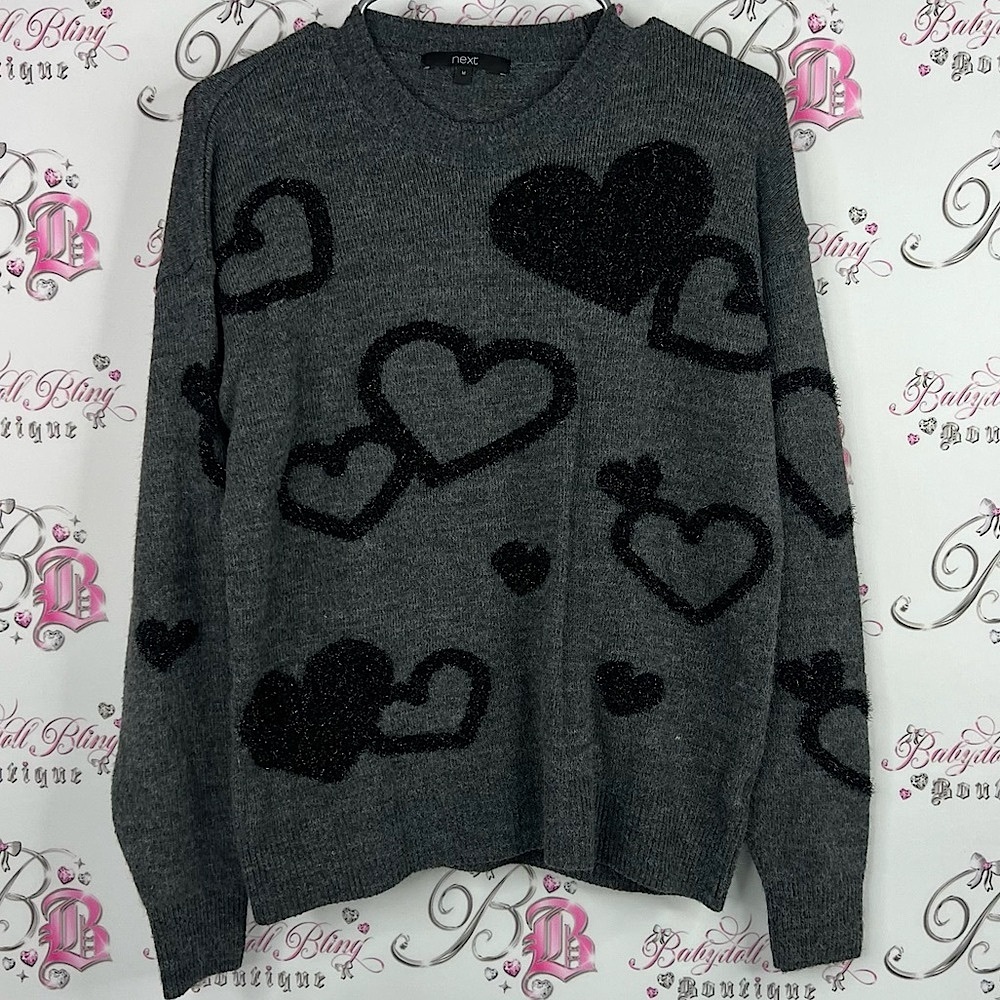 Next sweater pull over 3d hearts Charcoal Sweater with Black Heart Design